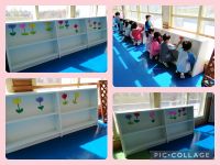 さくらくみ🌸折り紙でチューリップを折り、二階廊下の棚に飾り付けをしました🌷「可愛いのができたー🙌」とみんな、とても喜んでいましたよ✨