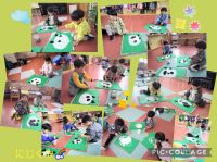 にじくみ🌈白と黒の絵の具で「ぱんだ」を描きました✨可愛いぱんだ、ちょっとキリッとしたぱんだ、口が大きくて笹をたくさん食べられそうなぱんだ、いろいろなぱんだが描けて、みんな嬉しそうでした😆